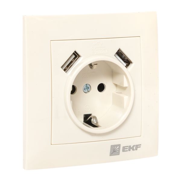 Валенсия розетка 1-местная с/з 16А кремовая с защ. штор. с 2 USB 2,1А EKF PROxima