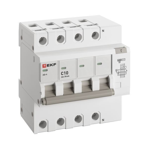 Диф. автомат 10А  30мА  EKF PROxima АД-4 хар-ка  C  электрон. тип АС защита 270В 6кА