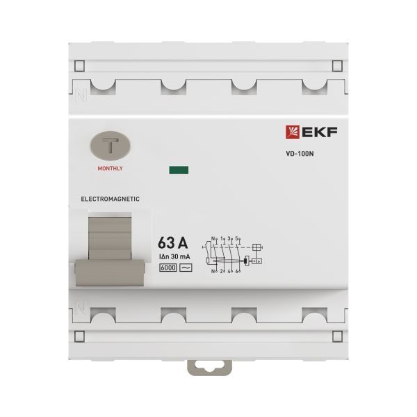 Выключатель дифференциального тока ВД-100N 4P 63А 30мА тип AC эл-мех 6кА PROXIMA EKF