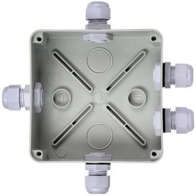 Коробка распаячная КМ41330 для открытой проводки безгалогенная (HF) 100х100х50мм IP55 5 гермовводов PG9 серая IEK