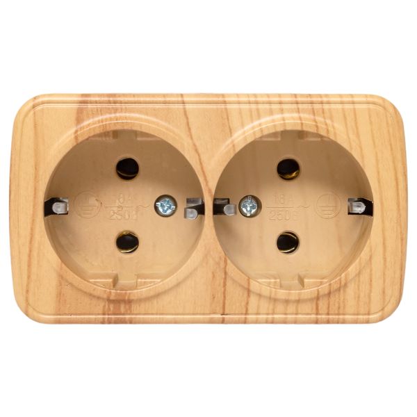 Розетка 2-местная ОП Минск 16А с заземлением светлое дерево EKF