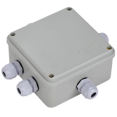 Коробка распаячная КМ41330 для открытой проводки безгалогенная (HF) 100х100х50мм IP55 5 гермовводов PG9 серая IEK