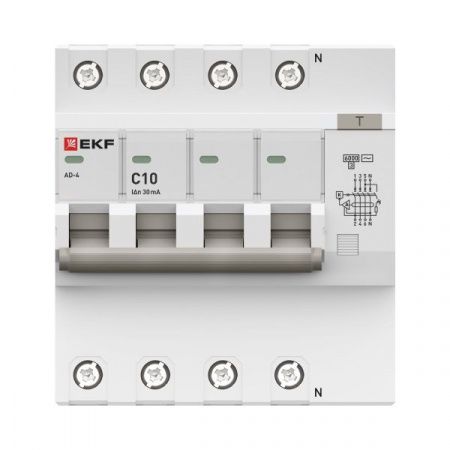 Диф. автомат 10А  30мА  EKF PROxima АД-4 хар-ка  C  электрон. тип АС защита 270В 6кА