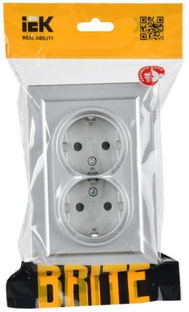 BRITE Розетка 2-местная с заземлением с защитными шторками 16А в сборе РСш12-3-БрА алюминий IEK