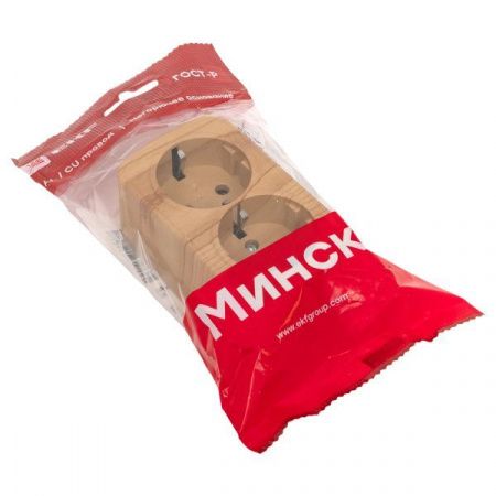 Розетка 2-местная ОП Минск 16А с заземлением светлое дерево EKF