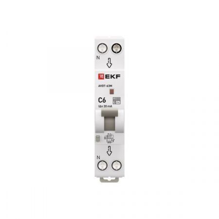 Автоматический выключатель дифференциального тока АВДТ-63M 1P+N (18мм) 6А 30мА характеристика C тип AС электронный 6кА PROXIMA EKF