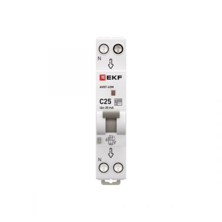 Автоматический выключатель дифференциального тока АВДТ-63M 1P+N (18мм) 25А 30мА характеристика C тип AС электронный 6кА PROXIMA EKF